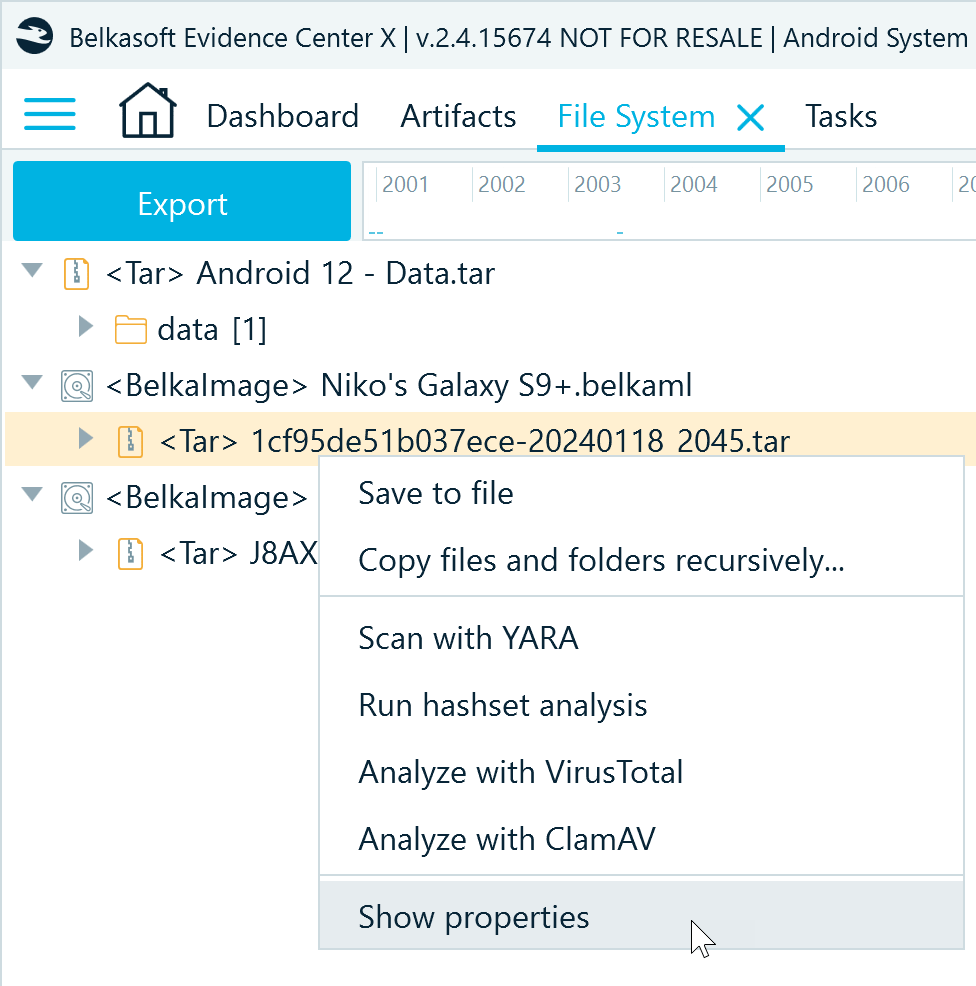 Opening device properties in Belkasoft X