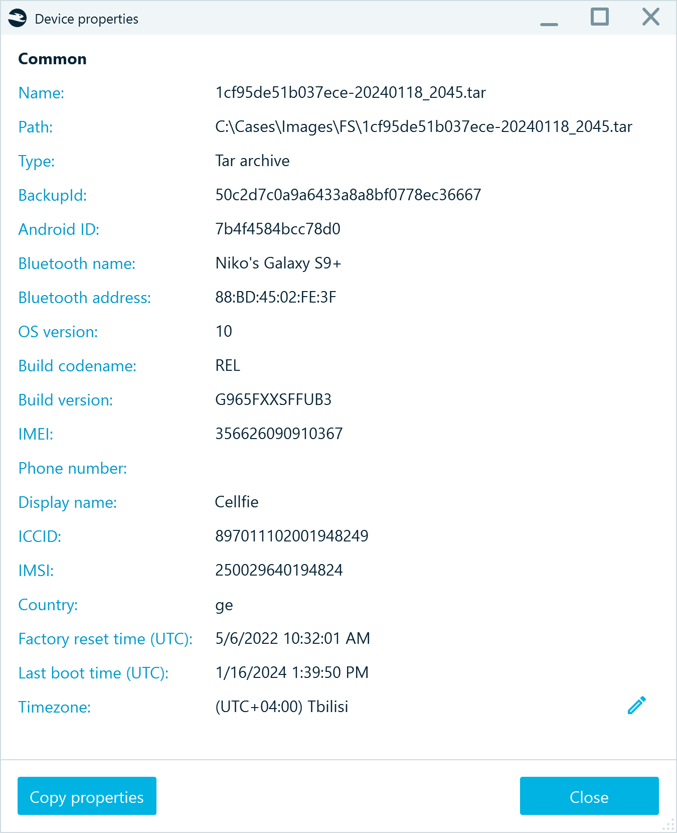 Device properties window in Belkasoft X