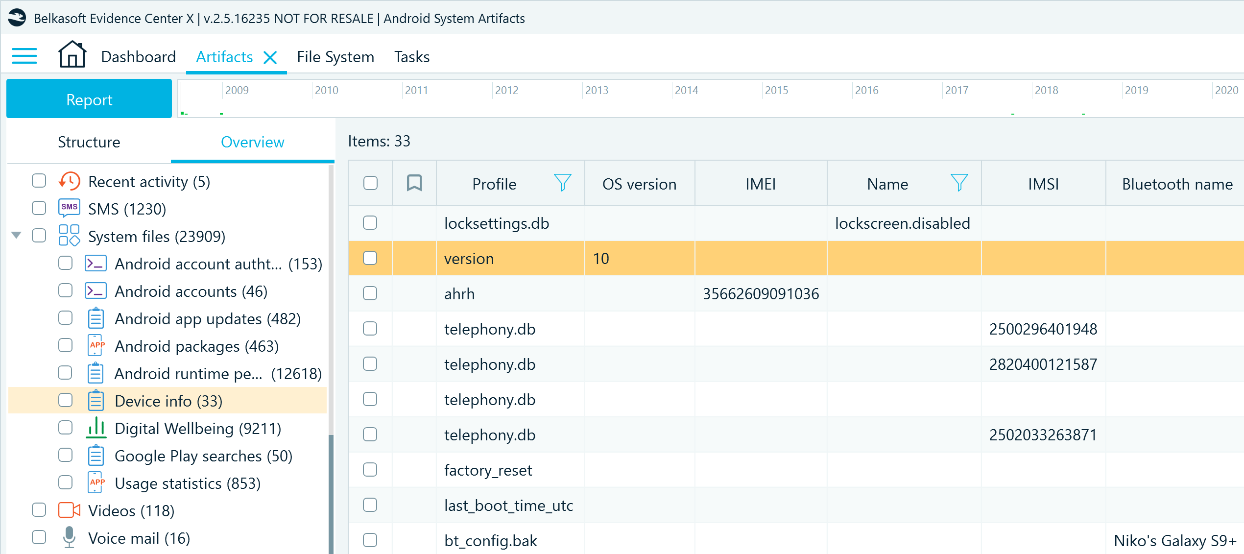 Device info summarized on the Overview tab in Belkasoft X