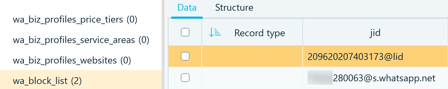 WhatsApp blocked contact records in wa.db, wa_block_list table