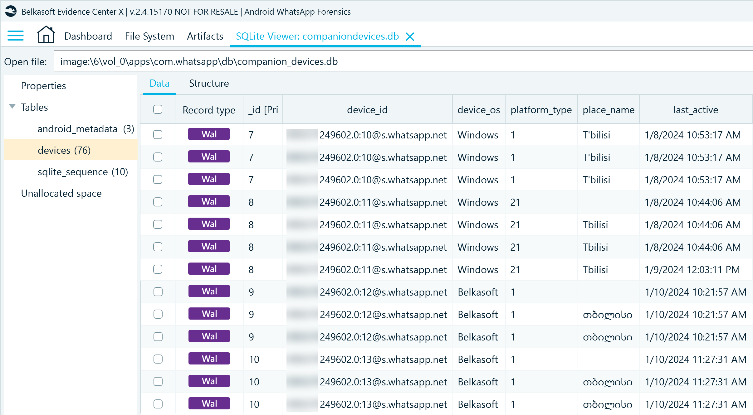 Records of devices linked to a WhatsApp account in companion_devices.db, device table