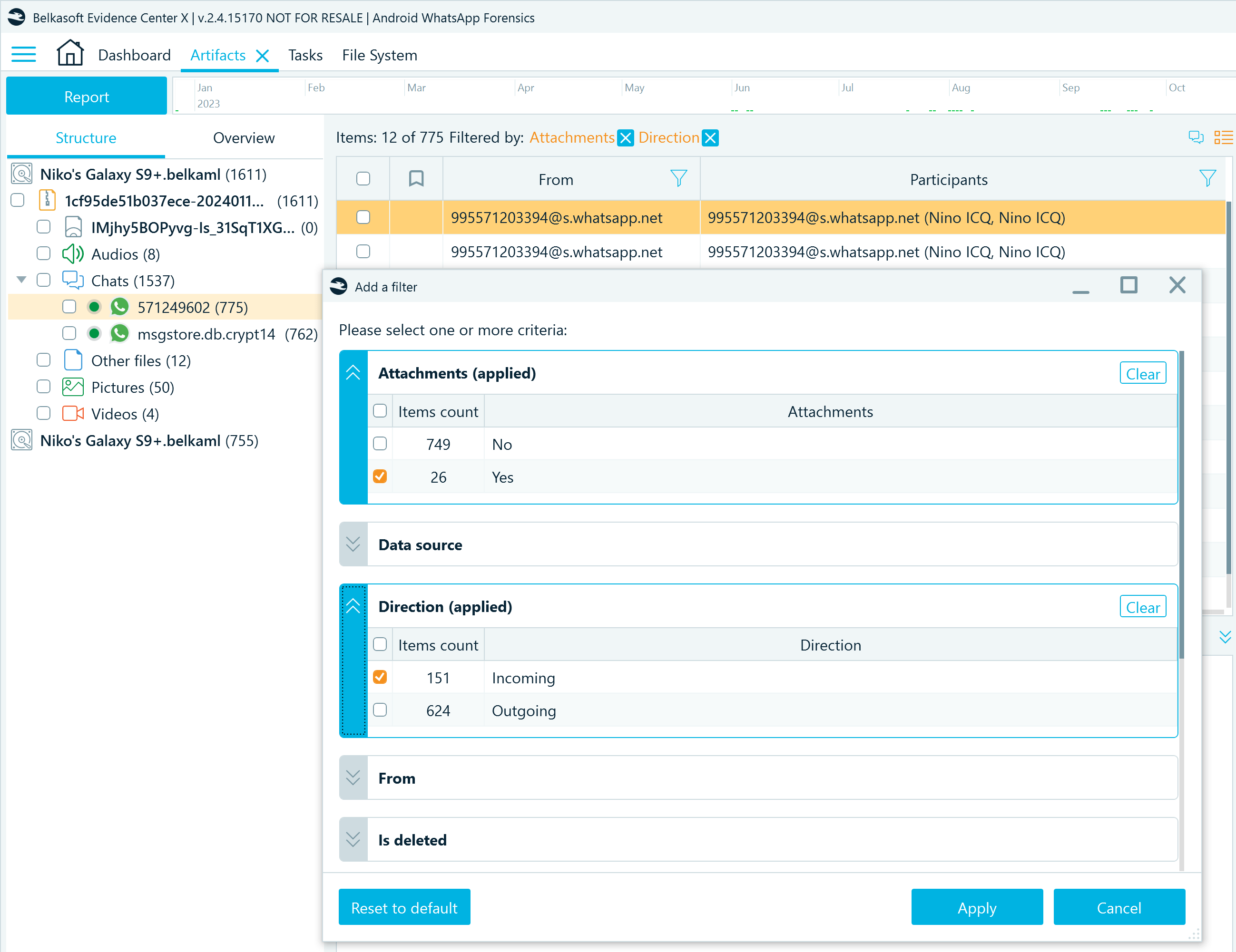 WhatsApp artifacts filtered by attachment availability and message direction