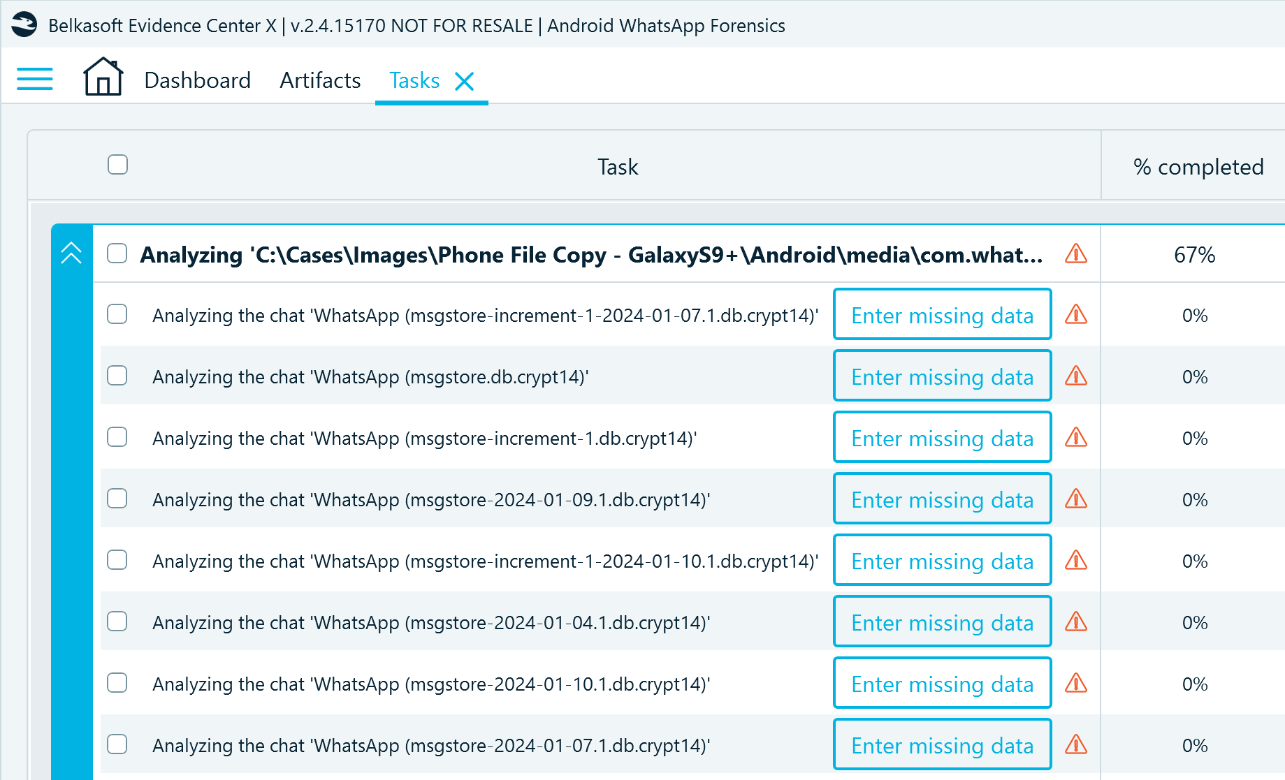 The Tasks window in Belkasoft X displaying the pending database decryption tasks