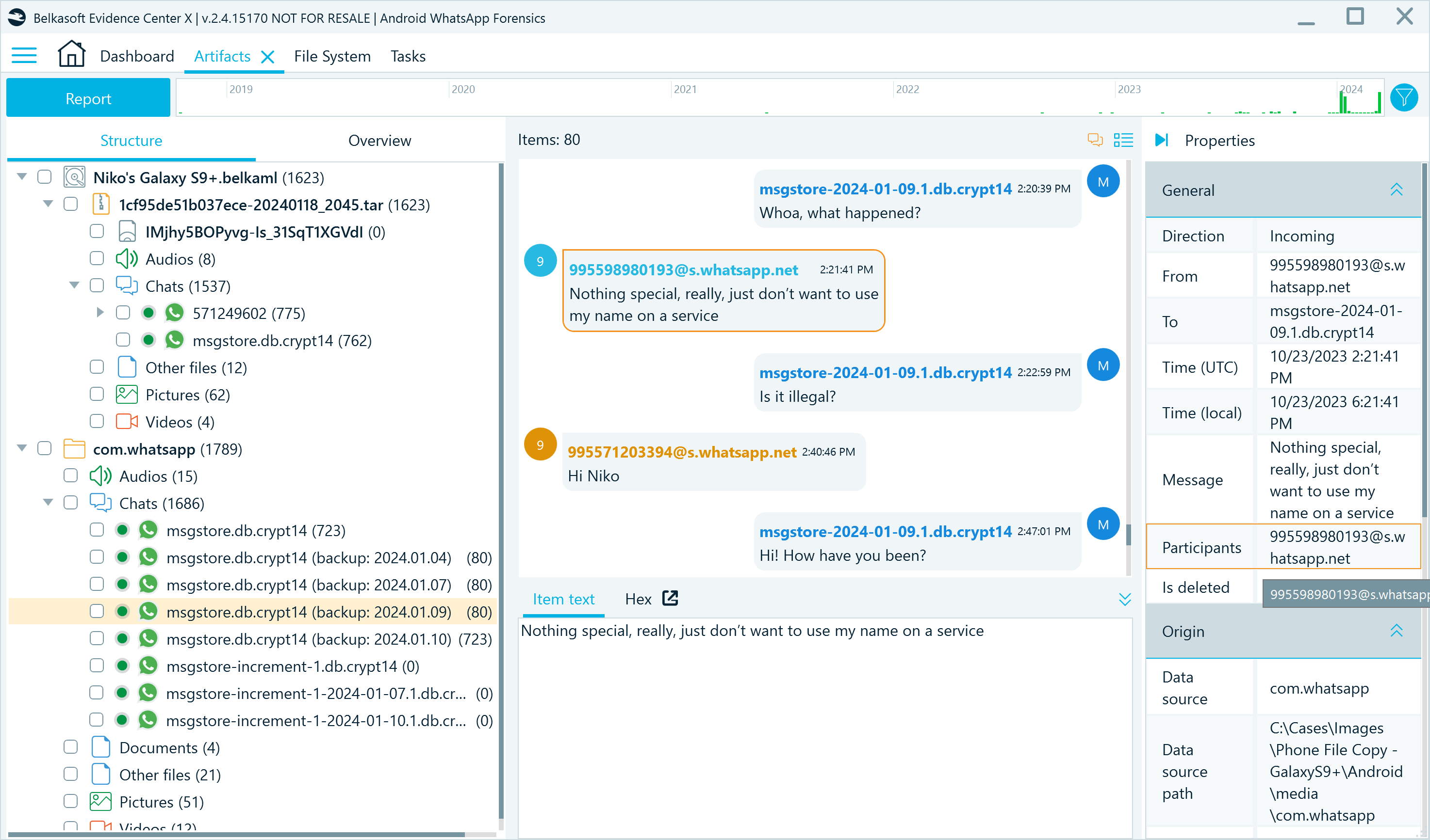 The Artifacts window displaying decrypted database backups and their contents