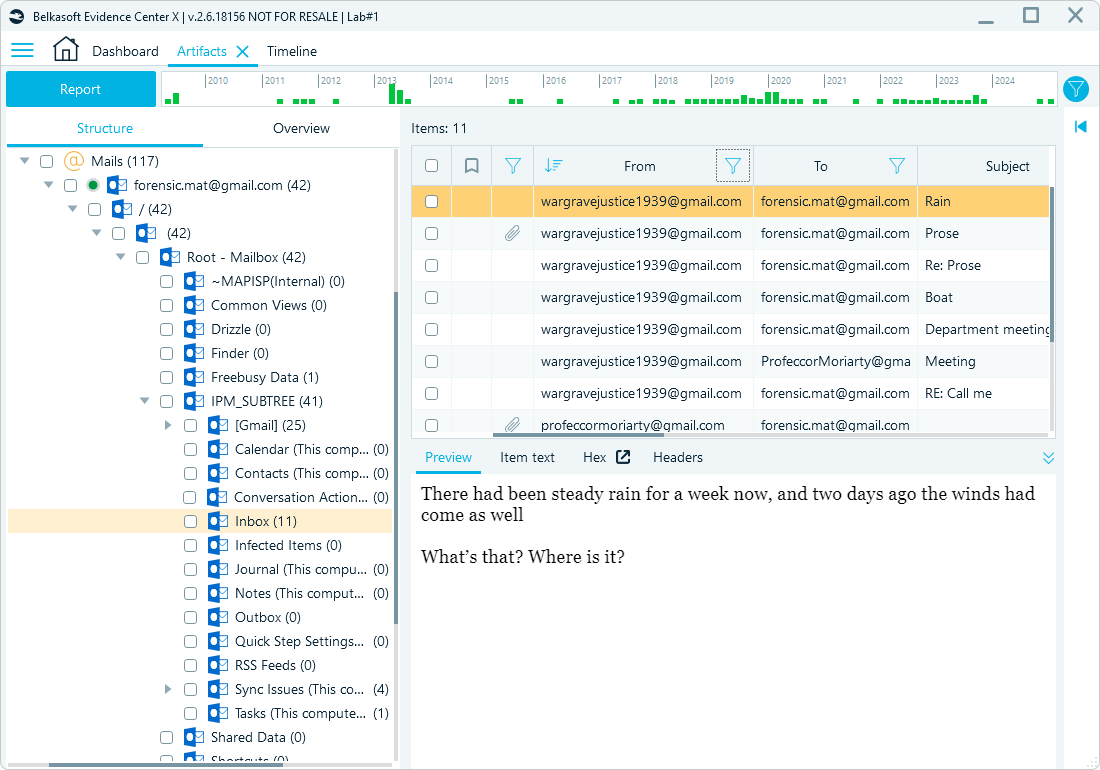 Belkasoft X's interface displaying an imported email archive with a folder structure, message previews, and metadata fields