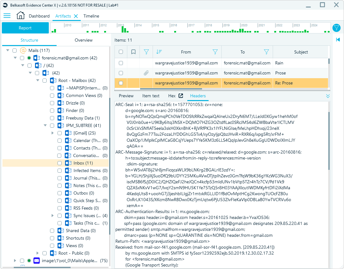 Belkasoft X's email header preview with ARC-Seal section