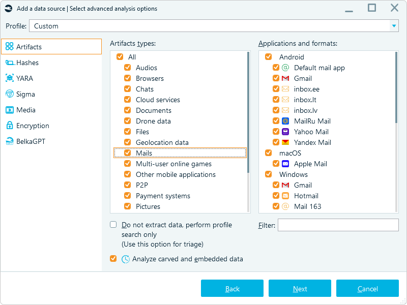 Belkasoft X's data source import window with the carved and embedded data analysis option enabled