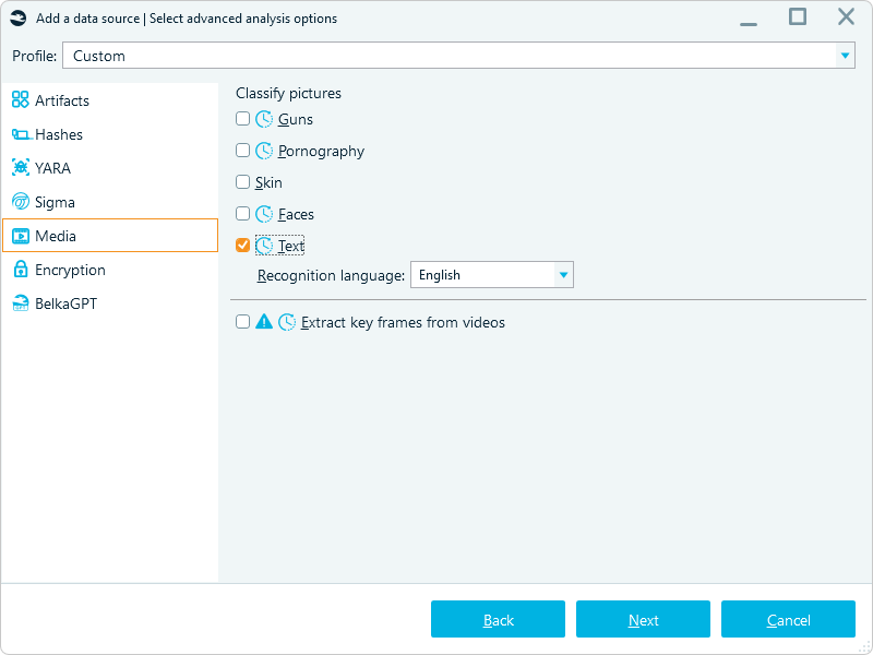 Belkasoft X’s import window with text recognition settings enabled