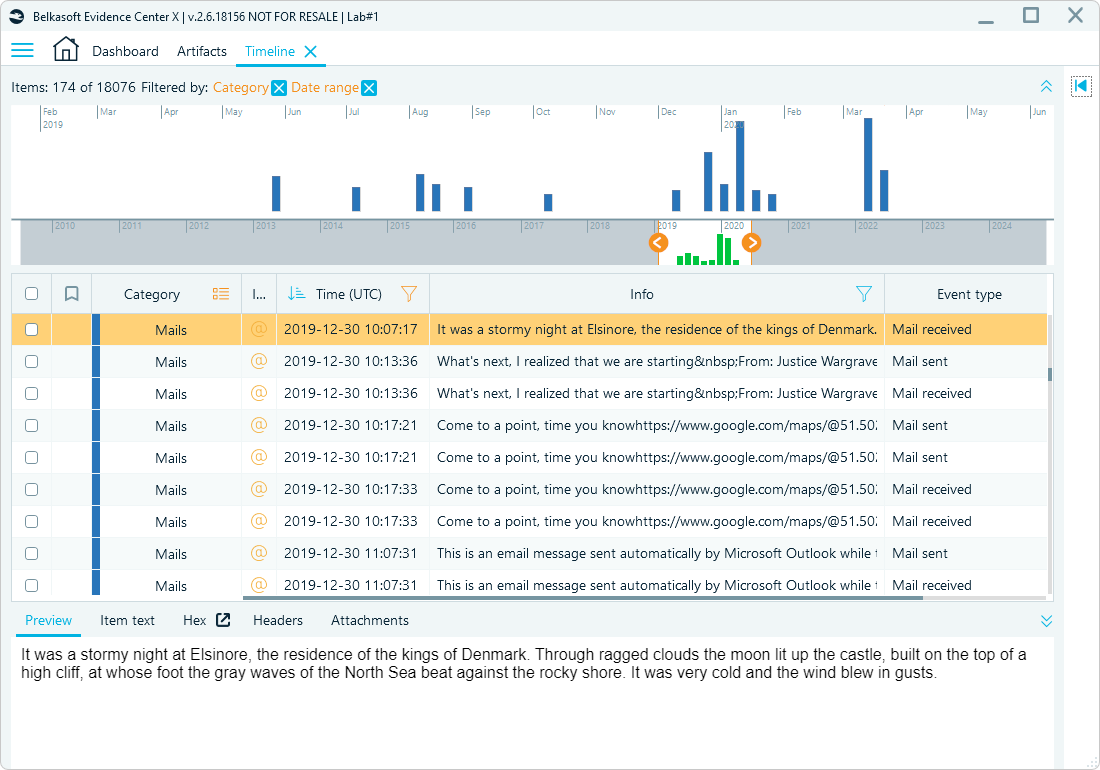 The Timeline window with the Mails category filtered out in Belkasoft X