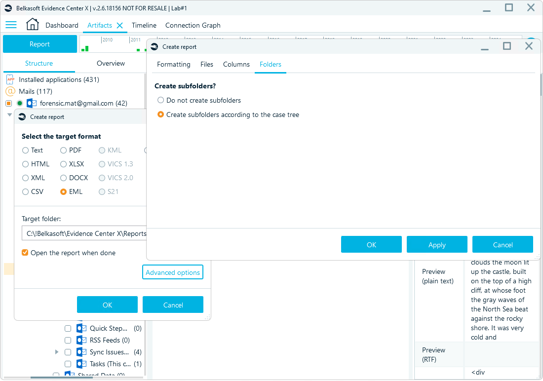 Advanced export window for EML files in Belkasoft X