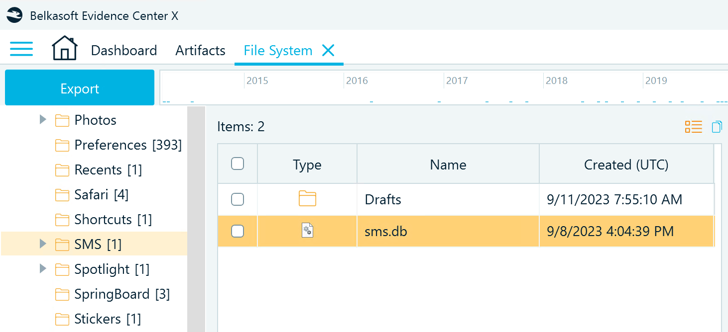 sms.db in Belkasoft X's file system viewer