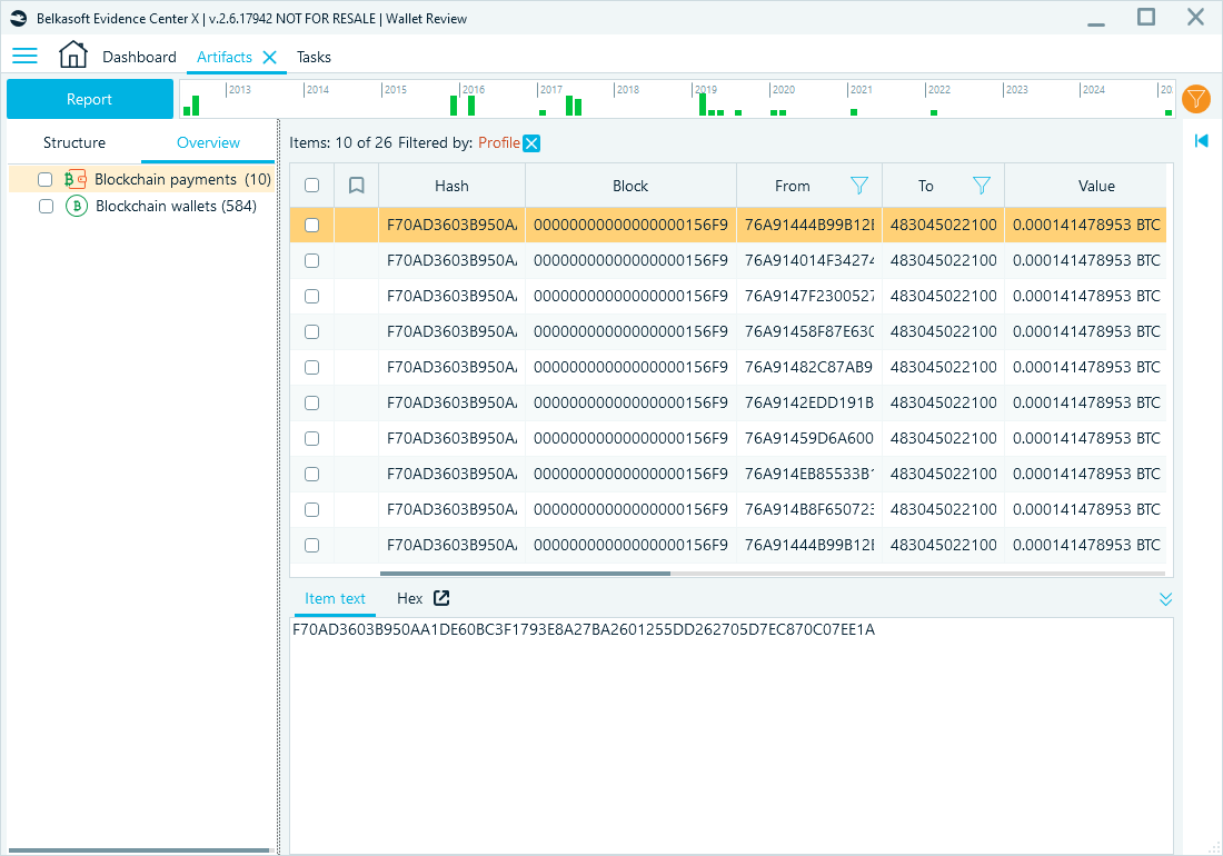 Screenshot of the blockchain payments artifact in Belkasoft X's overview