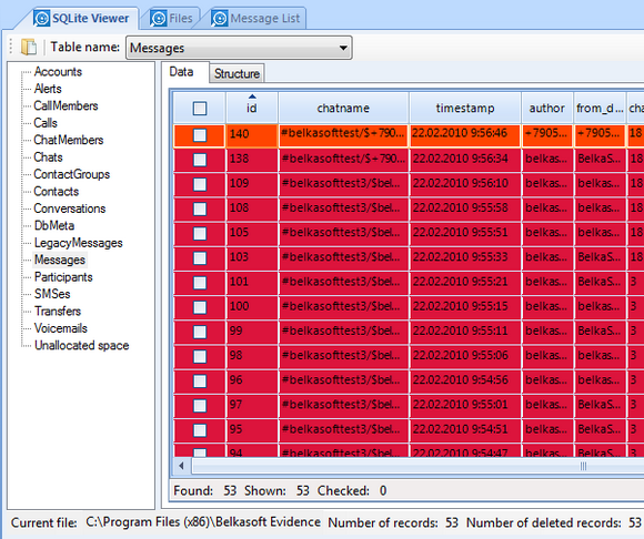 BEC recovers deleted SQLite records from a seemingly empty Skype database with the help of SQLite freelist analysis