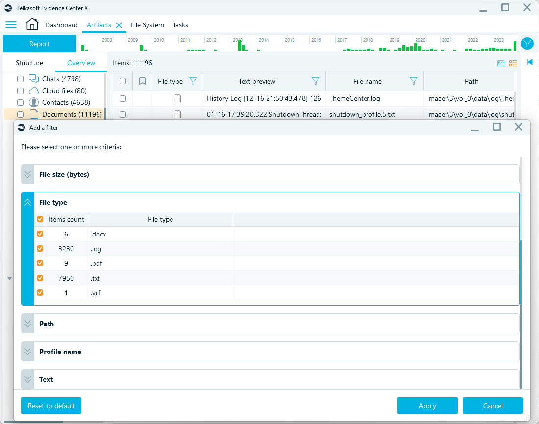 Selecting filter options in Belkasoft X