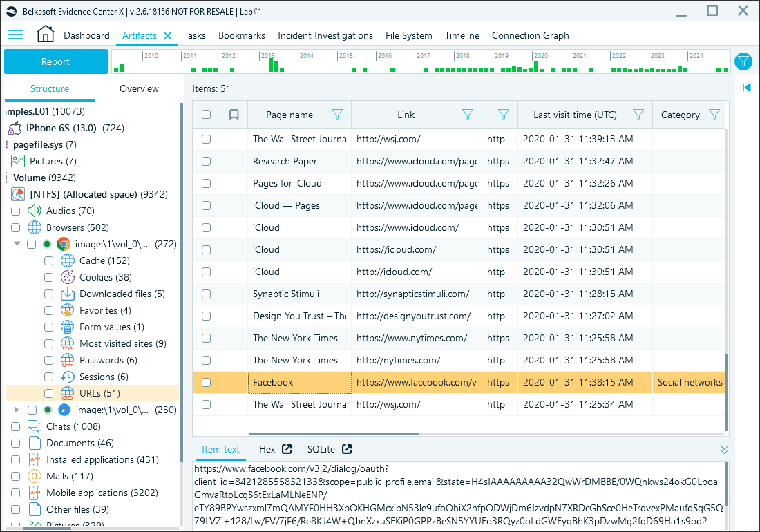 URLs node view in Belkasoft X