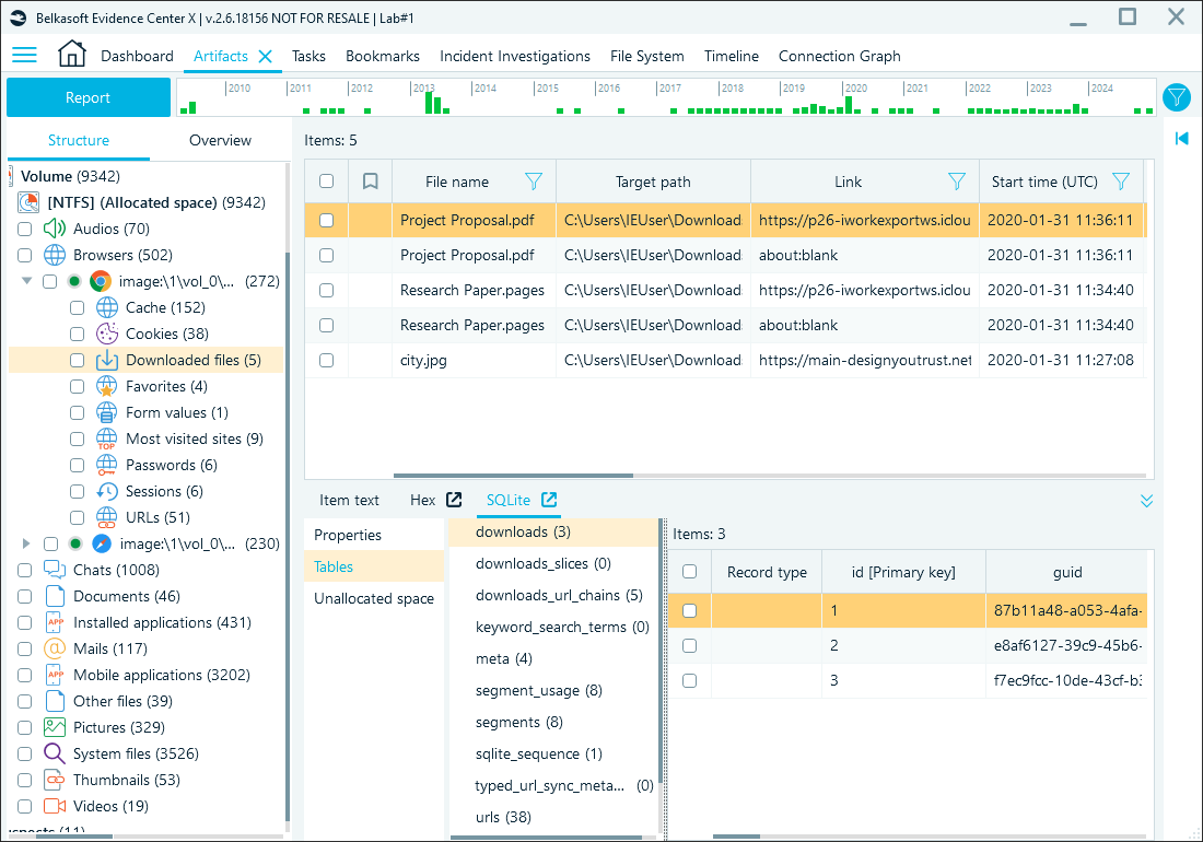 Belkasoft X showing download records table in SQLite viewer