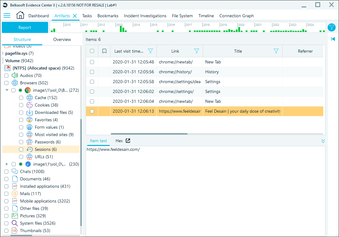 Belkasoft X showing browsing session history