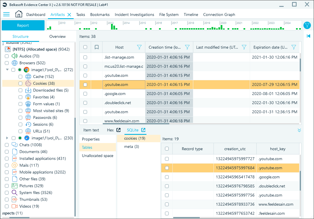 Belkasoft X showing cookie records table in SQLite viewer