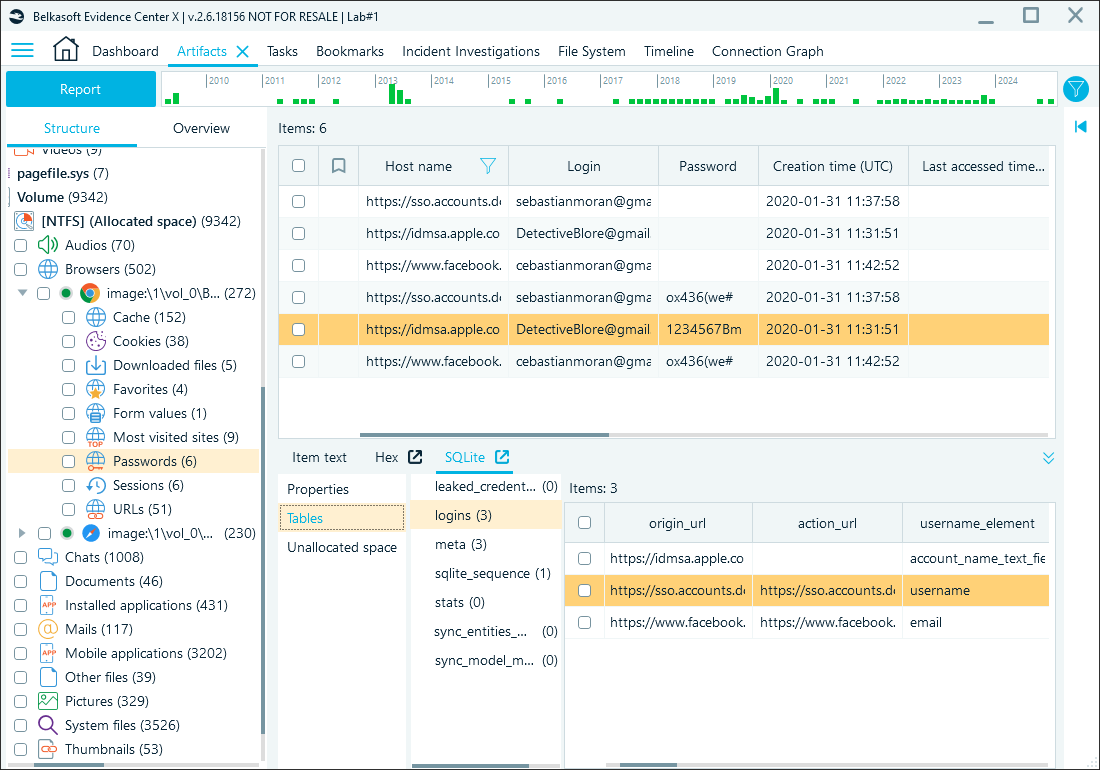 Unencrypted credentials shown in Belkasoft X's SQLite viewer