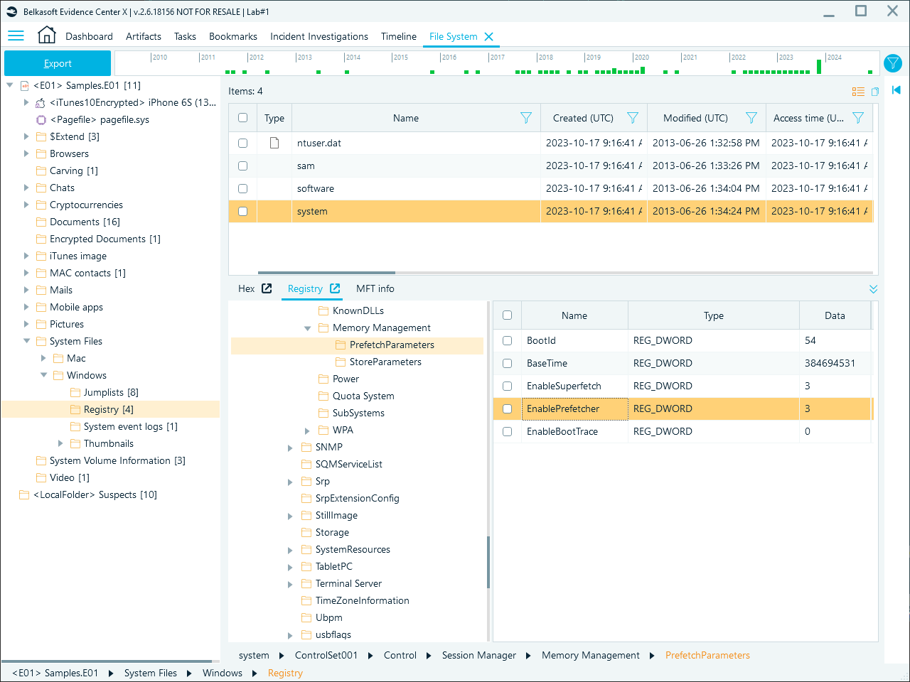 Belkasoft X's registry viewer window showing PrefetchParameters set to 3