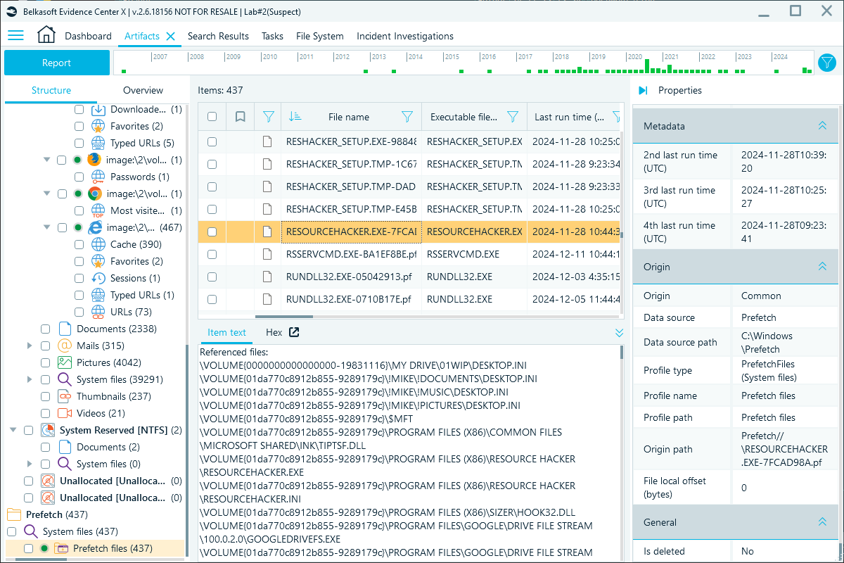 Belkasoft X window showing Prefetch files in the Artifacts window