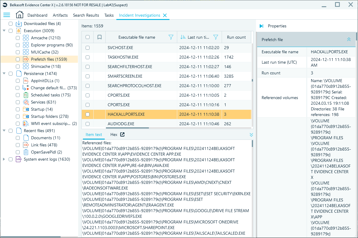 Belkasoft X showing the traces of suspicious Prefetch artifacts